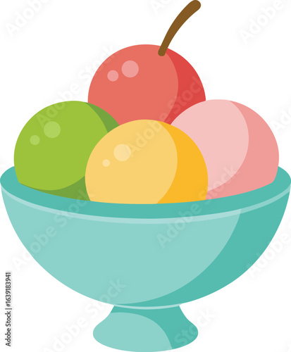 Colorful gelato scoops in a bowl on white