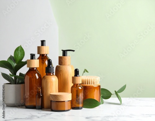 Healthy natural spa items still life with olive oil and herbal syrup bottles on a white isolated background