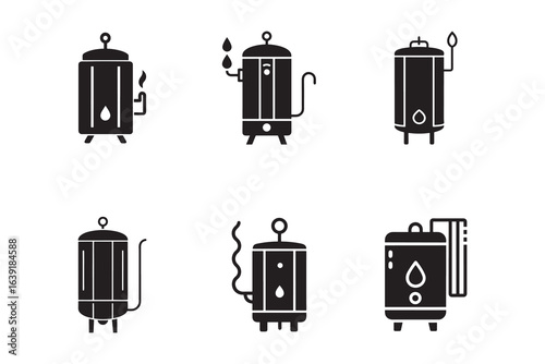 Silhouetted Water Tank Heater Icons for Plumbing and Heating Systems in Minimalist Style Set of Six Different Shapes