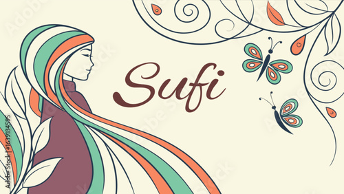 Beautiful sufi woman art illustration with butterflies and floral design vector graphic background image