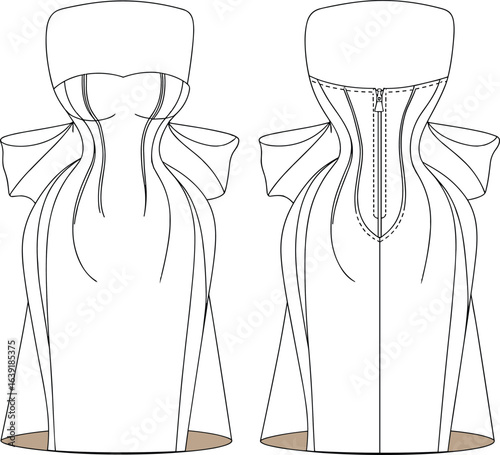 Strapless corset dress sketch, mermaid silhouette, bow detail, fashion flat drawing, zipper back, structured evening gown CAD