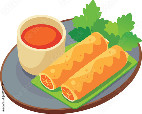 Vietnamese spring rolls with dipping sauce illustration