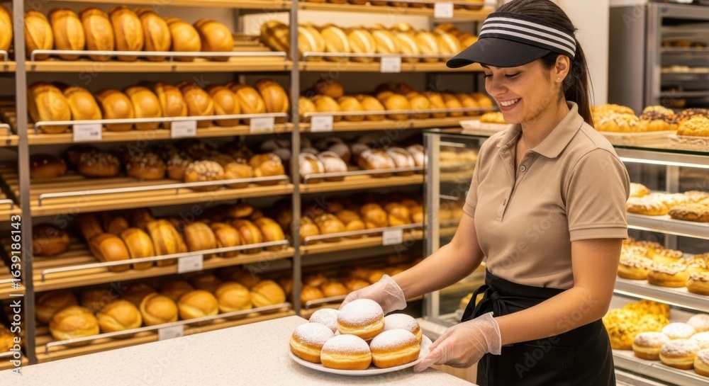 Obraz premium A baker presents a plate of fresh donuts in a bustling bakery, ready for customers.