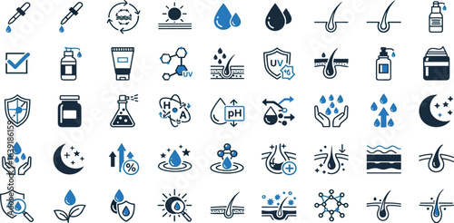 Skin care outline icon set. Containing Skin care, Moisture cream, collagen, treatment, dermatology, and more. Editable stroke. Vector illustration.