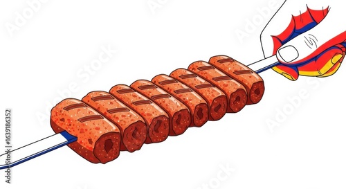 A delicious skewer of grilled kebabs being held in a hand, ready to eat.