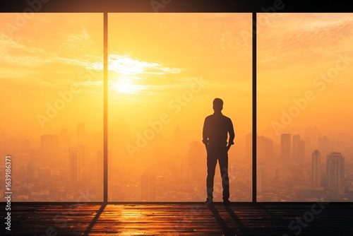 Fototapeta Naklejka Na Ścianę i Meble -  Silhouette of a man standing against a vibrant sunset sky overlooking a city. Business success and contemplation concept.