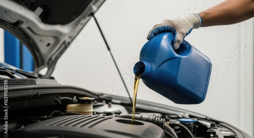 A mechanic is changing the oil of a car engine during routine maintenance in the garage.