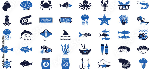 Seafood icon set. Editable stroke. Vector illustration