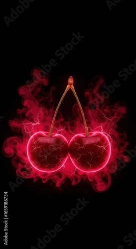 Two cherries in a vibrant red glow, set against a striking black backdrop.