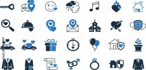 Family and wedding outline icon set. Containing marriage, party, love, rings, wedding car, Church, ceremony, photo, dinner, bouquet, tuxedo, dress and more. Editable stroke.