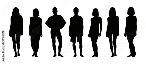 Seven diverse male and female human silhouettes standing in a line people women