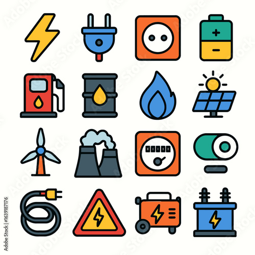 Energy icons portray power sources across grid systems scene