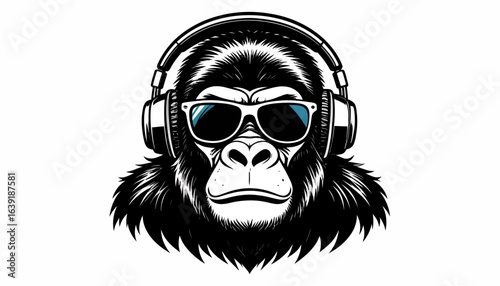 A cool gorilla, wearing sunglasses and headphones, depicted in a detailed black and white illustration.