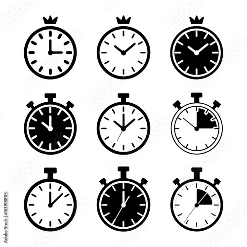 Black and white clock and stopwatch icons timer time