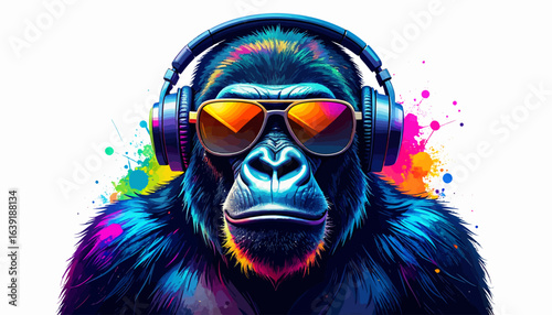A vibrant, colorful gorilla wearing sunglasses and headphones, surrounded by paint splatters.