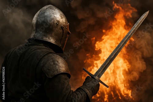 A lone knight stands resolute against the backdrop of a fiery inferno, embodying the spirit of valor and resilience in the face of adversity