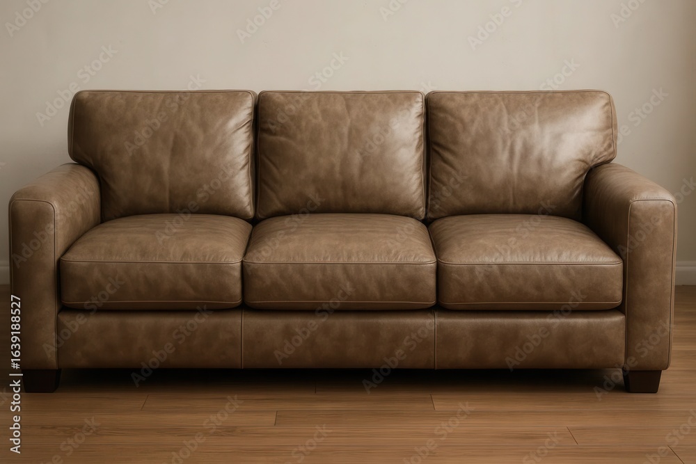 Fototapeta premium A brown leather sofa invites relaxation in a simple yet elegant setting