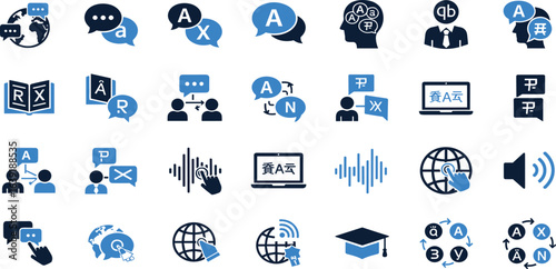 Language line icon set. Contain icons related to International Languages, Translation, Speaking, Writing, Listening, and More. Editable stroke. Vector illustration