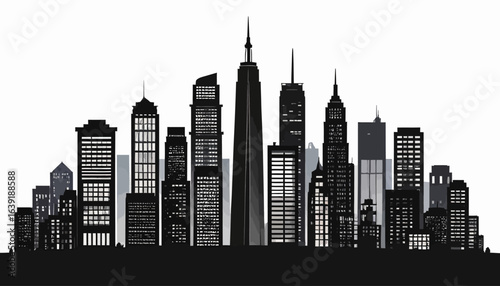 A stylized grayscale cityscape silhouette, showcasing a collection of skyscrapers against a white background.