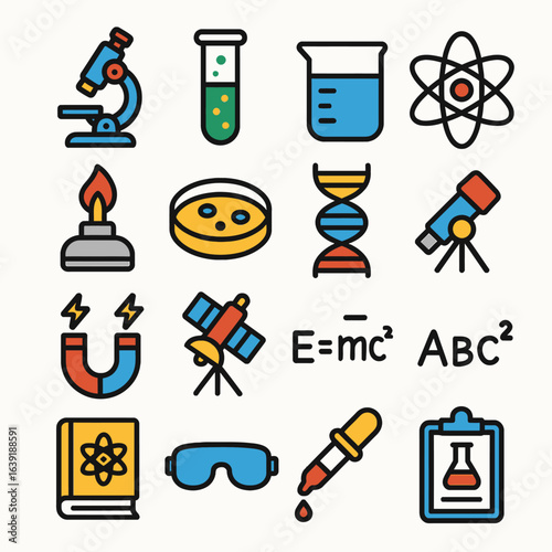 Science icons depict research on white background