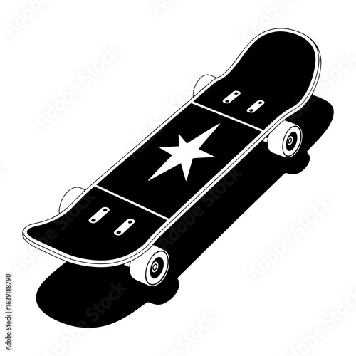 Black skateboard with white star wheels