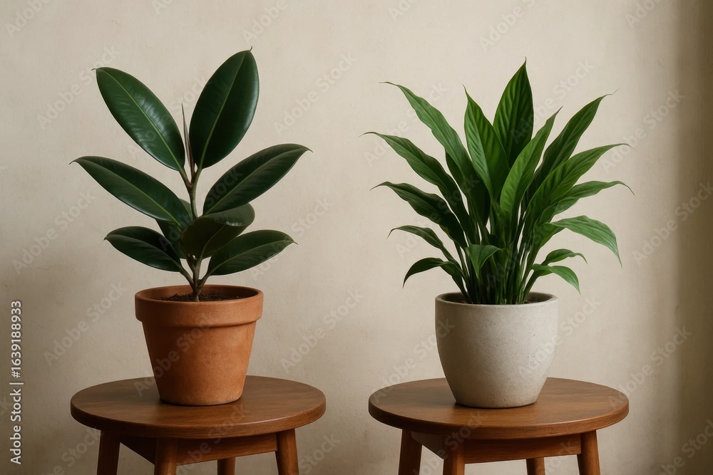 Fototapeta premium A serene indoor setting featuring two potted plants on wooden stools against a textured wall backdrop