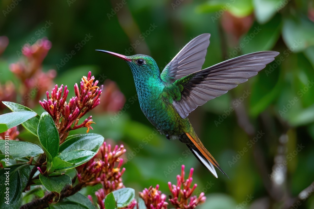 Fototapeta premium Pink blooming hummingbird hovering near vibrant flowers in a dense wooded environment during daylight hours