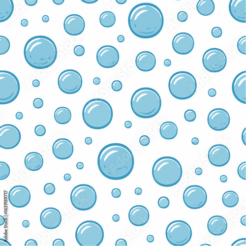 Bubbles vector seamless pattern with flat line icons. Blue white color soap texture. Fizzy water background