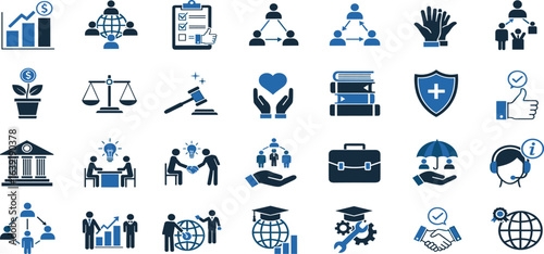 Social policy outline icon set. Containing government, poverty, health insurance, legislation, social security, analytics and more. Editable stroke. Vector illustration.