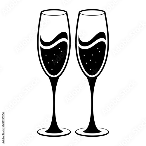 Two champagne flutes with bubbly liquid glasses drink