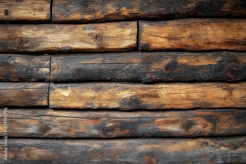 Close-up view of horizontally stacked rustic wooden logs with natural textures and burnt marks creating a warm, earthy atmosphere