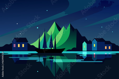 aurora reflections in the harbor