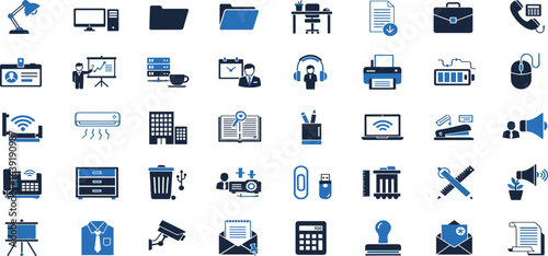 Workspace icon set. Workplace icon. Containing Work, team, office tools, time management, documents and more. Vector illustration