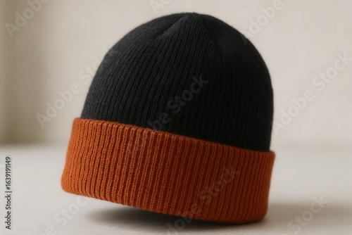 A stylish beanie with a contrasting orange rim sits elegantly on a pristine white surface