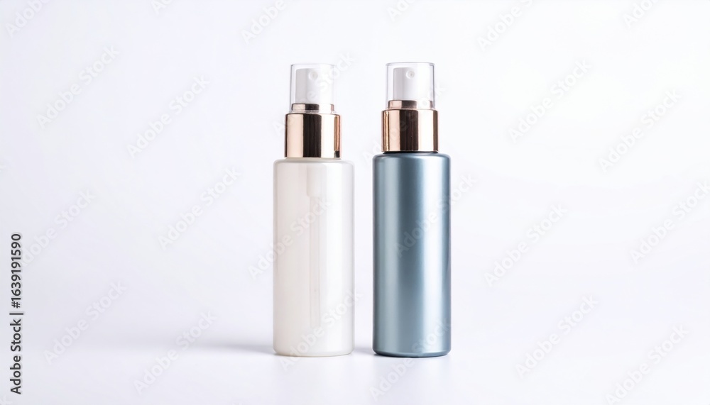 Two Elegant Bottles Filled with Striking White and Blue Liquid Against a Minimalistic Background Setting Two Elegant Bottles Filled with Striking White and Blue Liquid Against a Minimalistic Background Setting