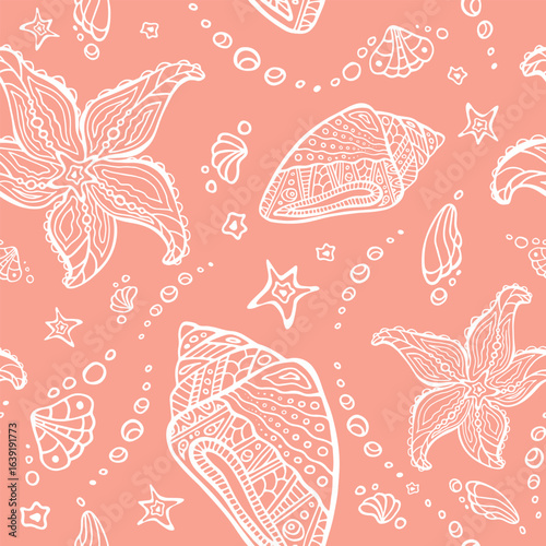 Seastar and conch seamless pattern. Starfish and shells tribal sea zen tangl endless texture. Maori ocean light pink editable boundless background.
