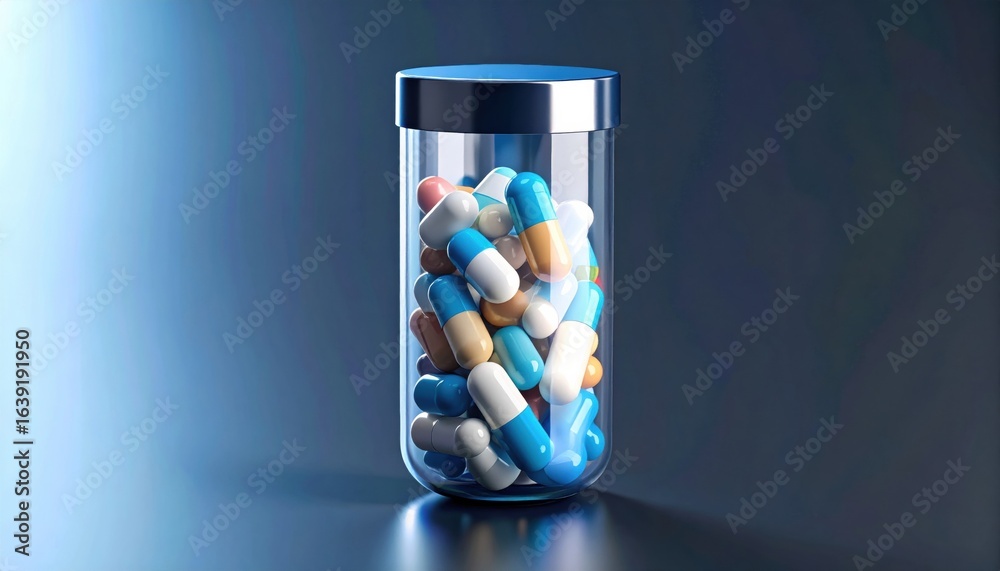 Colorful Glass Jar Filled with Various Pills and Capsules on Light Background Evoking Medication and Health Colorful Glass Jar Filled with Various Pills and Capsules on Light Background Evoking Medication and Health