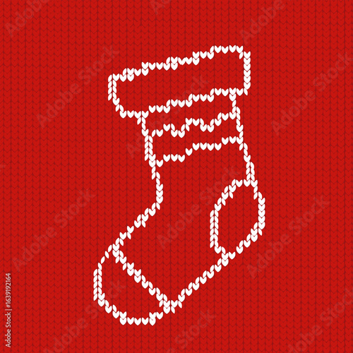 A white gift sock. Vector stock illustration. Christmas knitted background. 