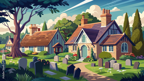 The cottages in the churchyard of St Peter and St Paul, Hellingly, East Sussex, UK stand serenely beside ancient gravestones, warm brick walls glowing under soft sunlight, surrounded by peaceful green