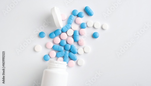 Colorful Pills Spilling from Open Bottle on White Surface Creating a Dynamic and Vibrant Scene