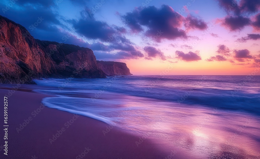Obraz premium Serene beach scene at sunset with pink and purple sky, calm waves gently washing up on sandy shore, and rocky cliffs in the background