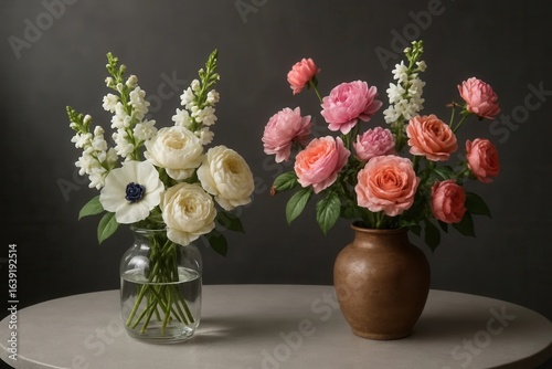 two vases filled with roses and lilies stand side by side on a gray surface, their colors contrasting yet complementing each other