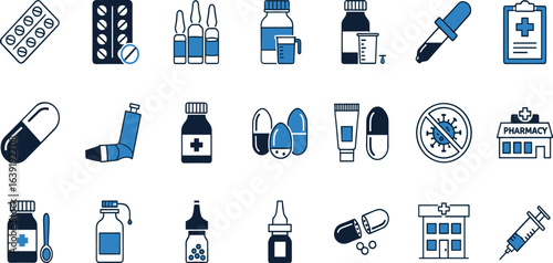 Pharmaceutical dosage forms Outline icon set. Editable stroke. Vector illustration.