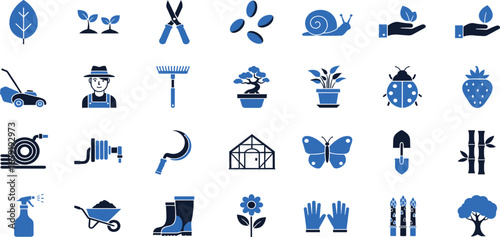 gardening line icon set. Containing plant, flowers, trees, watering can, fence, cultivate, gardening, and more icons. Vector illustration.