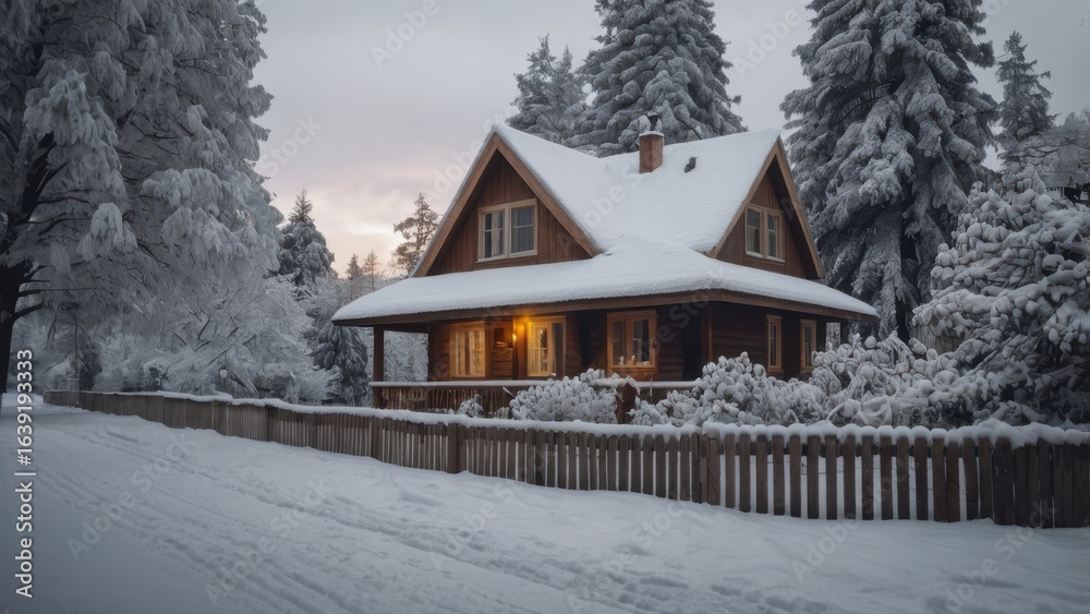 Naklejka premium Cozy Winter Cabin Scene: Snow-Covered House with Glowing Windows and Fence