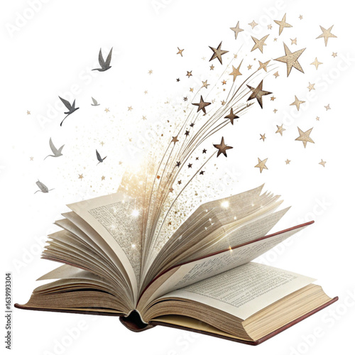 Unlock boundless imagination as stars and birds soar from an open book in a magical burst of light