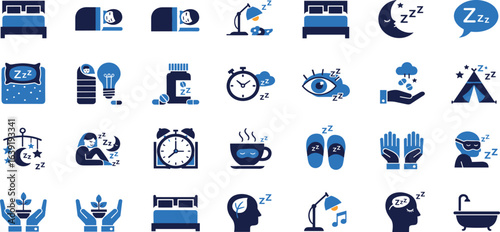 Sleep icon set. Containing sleeping, bedroom, dream, pillow, bed, alarm clock, insomnia, night, rest, sleep, and more. Vector illustration.