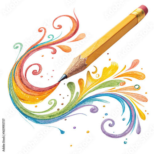 Unleash vibrant imagination with a pencil creating colorful, swirling artistic expressions