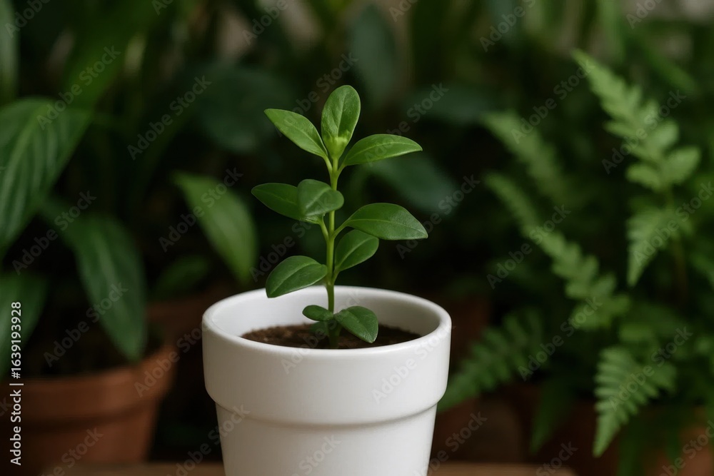 Fototapeta premium A New Potted Plant Emerging in a Lush Garden Scene