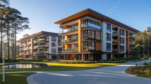 Modern apartment buildings near a pond